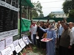 Jammu and Kashmir Peoples Democratic Party (PDP) president Mehbooba Mufti pays tribute at the party headquarters in Srinagar,on Monday. (Waseem Andrabi/HT)