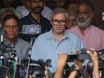Jammu and Kashmir chief minister Omar Abdullah talking to media at the party headquarters in Srinagar, on Monday. (Waseem Andrabi/HT)