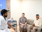 Pawan Kalyan with Anna Konidela and Andhra CM Chandrababu Naidu post his shoulder surgery.