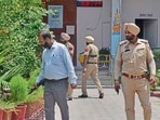 Police conducting checks at a private school in Ludhiana on Monday. (Gurpreet Singh/HT)