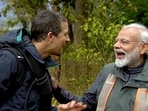 Prime Minister Narendra Modi and popular host and adventurer Bear Grylls during television show 'Man vs Wild' at Jim Corbett National Park in Uttarakhand.
