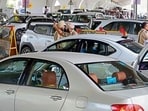 Vehicles caught in the traffic jam on Ferozepur Road in Ludhiana on Monday. (Gurpreet Singh/HT)