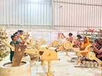 Women clay artisans being trained on use of modern machines in Prayagraj. (HT PHOTO)