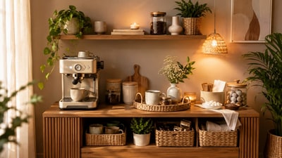 A thoughtfully styled coffee corner with natural textures, favourite mugs, greenery, and warm accents creates the perfect spot for daily coffee rituals. (canva.com) A thoughtfully styled coffee corner with natural textures, favourite mugs, greenery, and warm accents creates the perfect spot for daily coffee rituals. (canva.com)