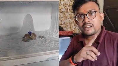 Ice frozen in the form of a Shivling drew devotees to a house in Agra, Uttar Pradesh. Ice frozen in the form of a Shivling drew devotees to a house in Agra, Uttar Pradesh.