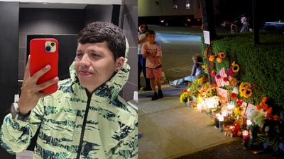 Joan Sebastian Guerrero (left) with his monument in Biddeford, Maine. (Joan Sebastian Guerrero on Facebook (via CNN) and Reuters)