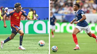 Spain's forward #19 Lamine Yamal (left); France's forward #10 Kylian Mbappe. (AFP) Spain's forward #19 Lamine Yamal (left); France's forward #10 Kylian Mbappe. (AFP)