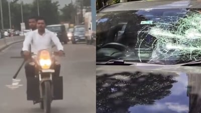 The miscreants, carrying iron bars and baseball bats, smashed the windshield of the family car. (X: @MihirkJha/ PTI)