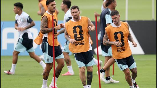 Argentina's Leandro Paredes, Rodrigo De Paul and Lionel Messi during training at Atlanta United Training Centre, Marietta, Georgia. (REUTERS)