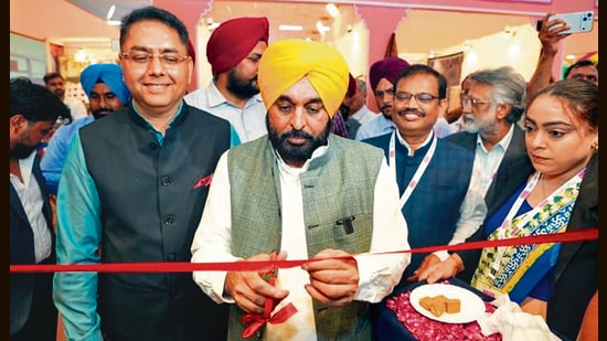 CM Bhagwant Mann with minister Aman Arora inaugurating the Punjab State Pavilion at BharatTex 2026 in New Delhi. (Sourced)