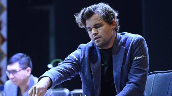 File image of Norwegian GM Magnus Carlsen playing chess in 6th TATA Steel Chess India Tournament 2024. (Samir Jana/ Hindustan Times)