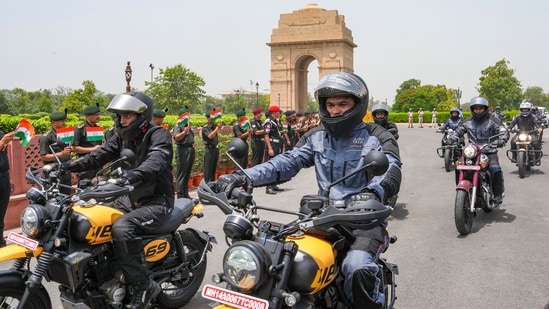 Gram it: Motorcyclists vroomed on Kartavya Path as the Shaurya Vijay Yatra expedition kicked-off in the Capital, on Tuesday. This bike rally is planned from National War Memorial in Delhi to Kargil War Memorial in Dras in Ladakh, and aims to honour the Indian Armed Forces and former servicemen. Here’s how the bikers took to the streets after the expedition was flagged off by Union Defence Minister Rajnath Singh.