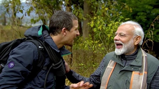 Prime Minister Narendra Modi and popular host and adventurer Bear Grylls during television show 'Man vs Wild' at Jim Corbett National Park in Uttarakhand.