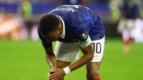 Soccer Football - FIFA World Cup 2026 - Semi Final - France v Spain - Dallas Stadium, Arlington, Texas, U.S. - July 14, 2026 France's Kylian Mbappe reacts during the match.