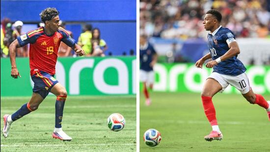 Spain's forward #19 Lamine Yamal (left); France's forward #10 Kylian Mbappe. (AFP)