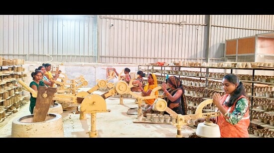 Women clay artisans being trained on use of modern machines in Prayagraj. (HT PHOTO)