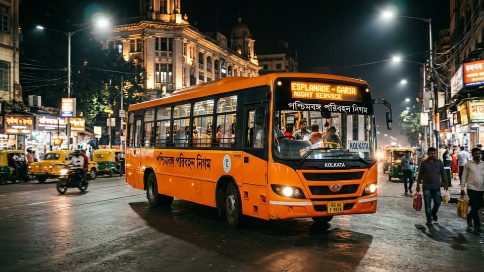 কলকাতায় রাতেও চলবে সরকারি বাস। ‘নাইট সার্ভিস’ ফেরানোর তোড়জোড় রাজ্যের। (ছবিটি প্রতীকী, সৌজন্যে Nano Banana দিয়ে তৈরি করা)