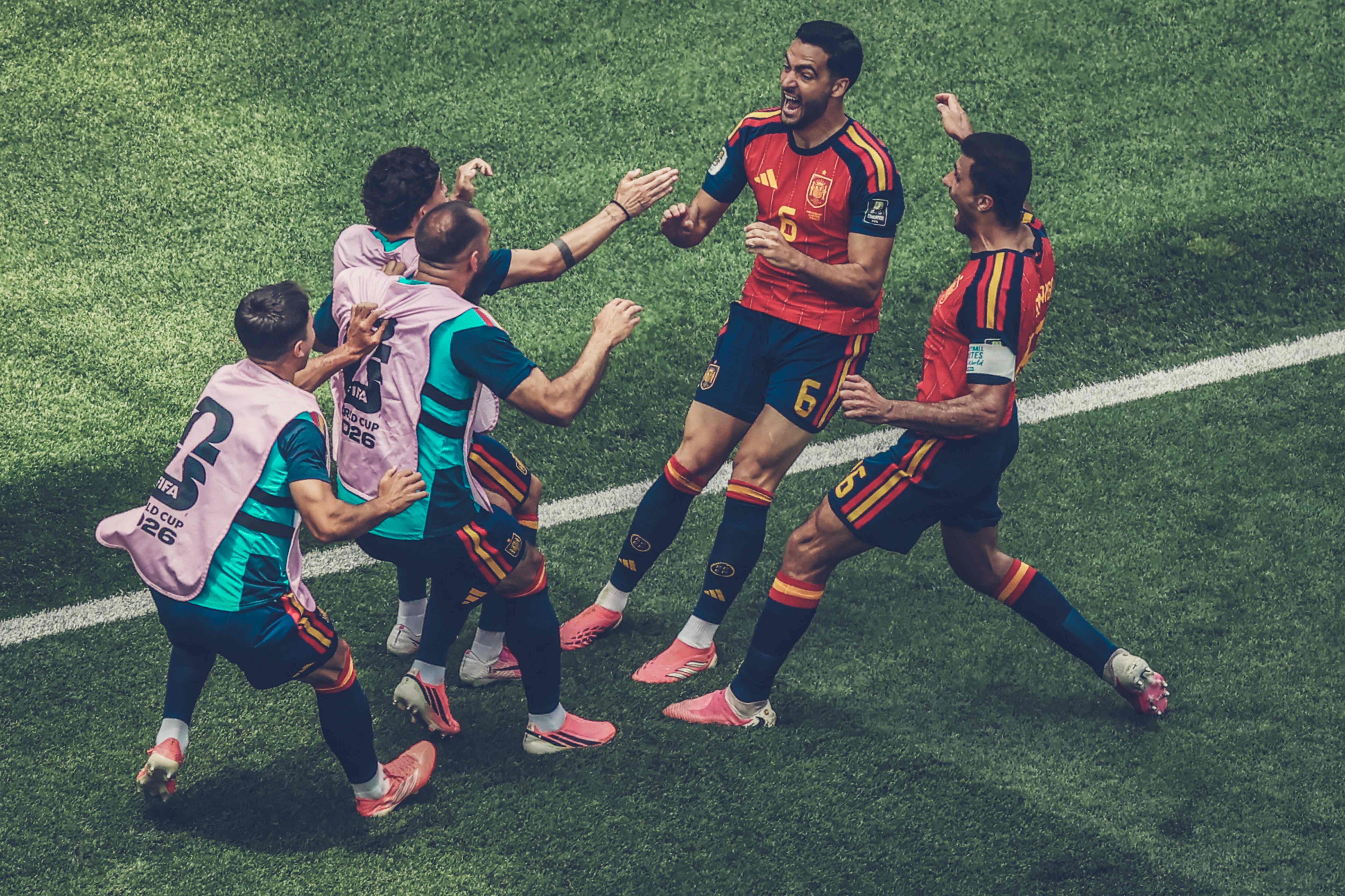 Mikel Merino #6 of Spain celebrates the team's second goal with teammates during the FIFA World Cup 2026 Quarter Final match between Spain and Belgium at Los Angeles Stadium on July 10 (Getty Images via AFP) Mikel Merino #6 of Spain celebrates the team's second goal with teammates during the FIFA World Cup 2026 Quarter Final match between Spain and Belgium at Los Angeles Stadium on July 10 (Getty Images via AFP)