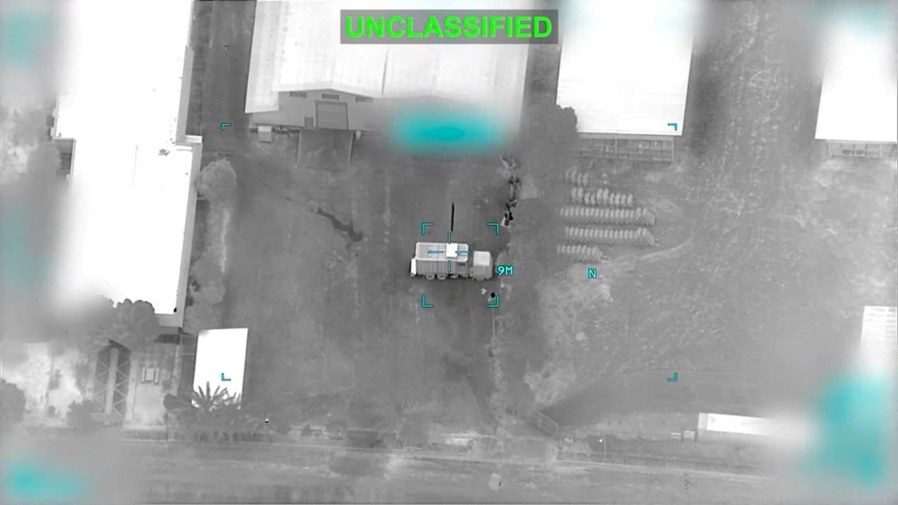 A projectile approached a truck at an undisclosed location during what the U.S. Central Command said were American strikes on Iranian military targets. A projectile approached a truck at an undisclosed location during what the U.S. Central Command said were American strikes on Iranian military targets.