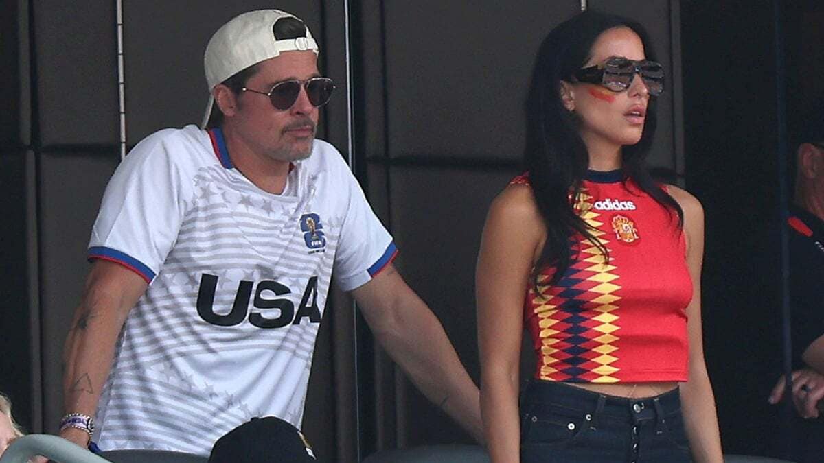 Famous fan: Ines de Ramon backed Spain from the stands alongside boyfriend Brad Pitt.