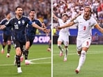 This combination of file photos created on July 12, 2026, shows Argentina's forward #10 Lionel Messi (L), and England's forward #09 Harry Kane