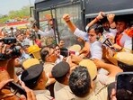 Gurugram District Congress (Rural) president and former Badshahpur Assembly candidate Vardhan Yadav and members being detained over a protest outside the BJP office at Sector 29. (HT)