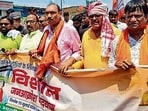 MP Dhullu Mahto leads a rally in Dhanbad’s Nirsa on Wednesday (HT PHOTO)