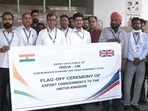 The first cargo shipment under the India-UK Free Trade Agreement (FTA) being flagged off from the cargo terminal at Sri Guru Ram Dass Jee International Airport in Amritsar on Wednesday.