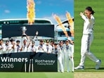 India players celebrate with the trophy after their historic Test win over England at Lord’s.