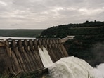 A view of the Srisailam Dam, which is one of the largest dams in India, located on the Krishna river.