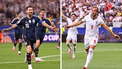This combination of file photos created on July 12, 2026, shows Argentina's forward #10 Lionel Messi (L), and England's forward #09 Harry Kane (AFP)
