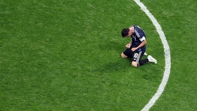 The moment the referee blew for full-time, Messi sank to his knees and celebrated with a triumphant fist pump after inspiring Argentina to another World Cup final. (AFP) The moment the referee blew for full-time, Messi sank to his knees and celebrated with a triumphant fist pump after inspiring Argentina to another World Cup final. (AFP)