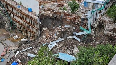 Mumbai, India. July 15, 2026 - A landslide between three under-construction sites in Pratiksha Nagar, Sion, has raised significant safety concerns and caused major cracks near an MHADA residential building. Mumbai, India. July 15, 2026. (Photo by Raju Shinde/HT Photo) (Raju Shinde)