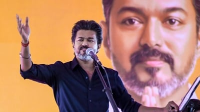 Tamil Nadu Chief Minister and TVK President Vijay speaks during a public meeting as part of his first official visit to Karur. (PTI photo)