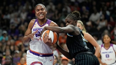 Phoenix Mercury forward Alyssa Thomas, left, tries to go up for a shot against Chicago Sky forward Aicha Coulibaly during the first half of a WNBA basketball game, July 7, 2026, in Phoenix. (AP Photo) Phoenix Mercury forward Alyssa Thomas, left, tries to go up for a shot against Chicago Sky forward Aicha Coulibaly during the first half of a WNBA basketball game, July 7, 2026, in Phoenix. (AP Photo)