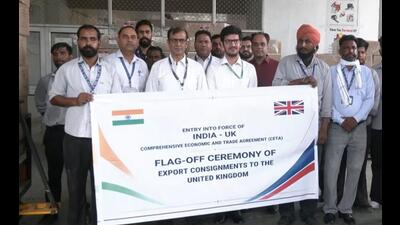 The first cargo shipment under the India-UK Free Trade Agreement (FTA) being flagged off from the cargo terminal at Sri Guru Ram Dass Jee International Airport in Amritsar on Wednesday.