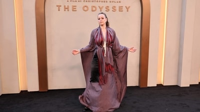 Samantha Morton, who is also part of The Odyssey and reportedly steals the movie with her performance, wore a stunning Margiela creation to the New York premiere. She styled the look with smoky red eye shadow, and a slicked-back hairdo. (Getty Images via AFP) Samantha Morton, who is also part of The Odyssey and reportedly steals the movie with her performance, wore a stunning Margiela creation to the New York premiere. She styled the look with smoky red eye shadow, and a slicked-back hairdo. (Getty Images via AFP)