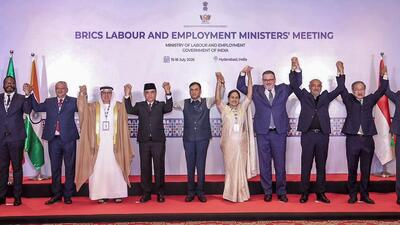 Union labour and employment minister Mansukh Mandaviya during the 12th BRICS Labour and Employment Ministers' Meeting in Hyderabad, Telangana on Wednesday. (mansukhmandviya/X)