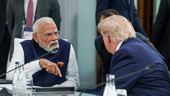 Prime Minister Narendra Modi interacts with US President Donald Trump at the G7 Summit, in Evian