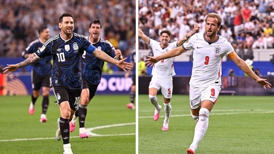 This combination of file photos created on July 12, 2026, shows Argentina's forward #10 Lionel Messi (L), and England's forward #09 Harry Kane