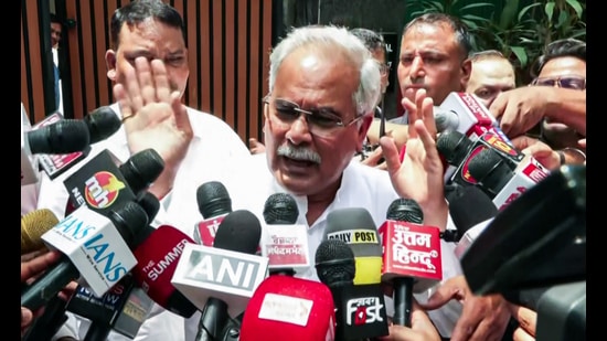 Former Chhattisgarh chief minister and AICC general secretary in-charge of Punjab Bhupesh Baghel speaks to the media at outside AICC general secretary KC Venugopal's residence, in New Delhi on Wednesday. (ANI Video Grab)