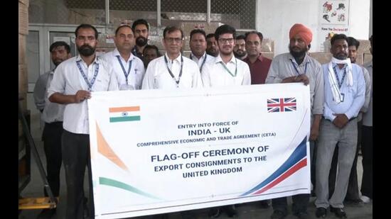 The first cargo shipment under the India-UK Free Trade Agreement (FTA) being flagged off from the cargo terminal at Sri Guru Ram Dass Jee International Airport in Amritsar on Wednesday.