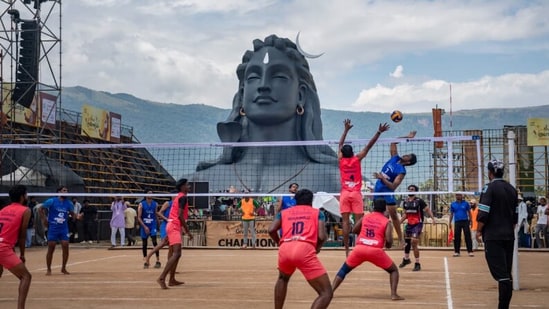 Final volleyball match in front of Adiyogi, Coimbatore.