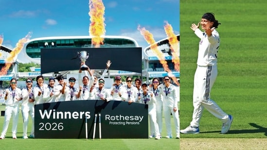 India players celebrate with the trophy after their historic Test win over England at Lord’s. (Photo: AP)