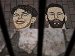 A photograph shows a mosaic made by Kosovar artist Alkent Pozhegu with grain and seeds, depicting Argentina's Lionel Messi (R) and Spain's Lamine Yamal, in the town of Gjakova. (AFP)