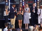 Dylan Dreyer, from left, Craig Melvin, Maren Morris, Savannah Guthrie, Carson Daly and Al Roker appear on NBC's Today show at Rockefeller Plaza on Friday, July 3.