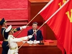 Chinese President Xi Jinping looks on as People’s Liberation Army honor guard hold party flags during a ceremony marking the 105th anniversary of the founding of the Communist Party of China at the Great Hall of the People in Beijing, China, July 1, 2026. 