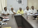 Congress state in-charge Rajendra Pal Gautam, state chief Ajay Rai and others during a meeting on Thursday. (Sourced)