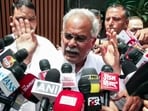 Former Chhattisgarh chief minister and AICC general secretary in-charge of Punjab Bhupesh Baghel speaks to the media at outside AICC general secretary KC Venugopal's residence, in New Delhi on Wednesday. (ANI Video Grab)