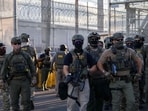 ICE agents guard outside of Delaney Hall Immigration Detention Center in Newark, New Jersey.